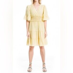 Max Studio Smocked Waist Stripe Mini Dress Yellow Size Médium